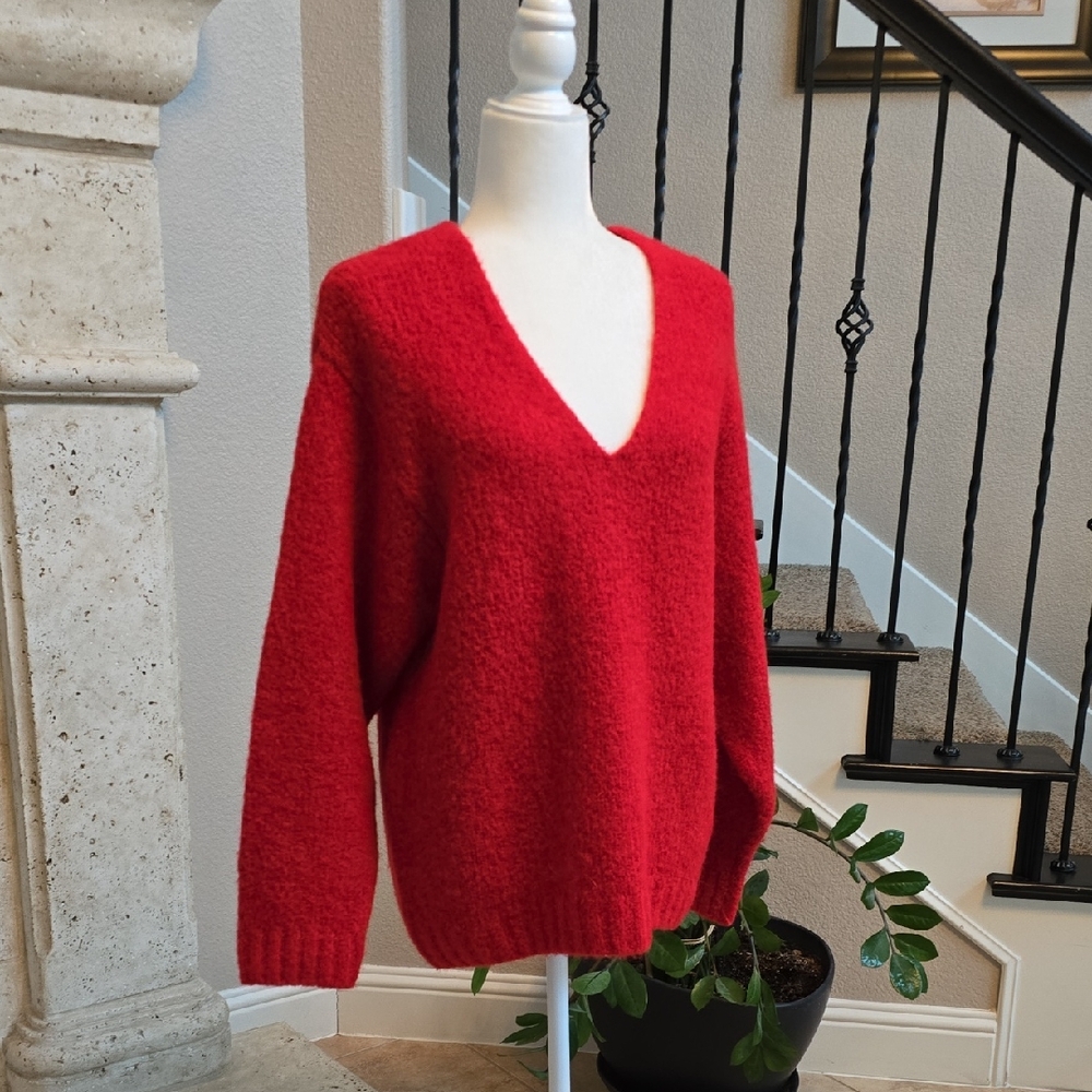 H&M Oversized Vibrant Red V-Neck Sweater